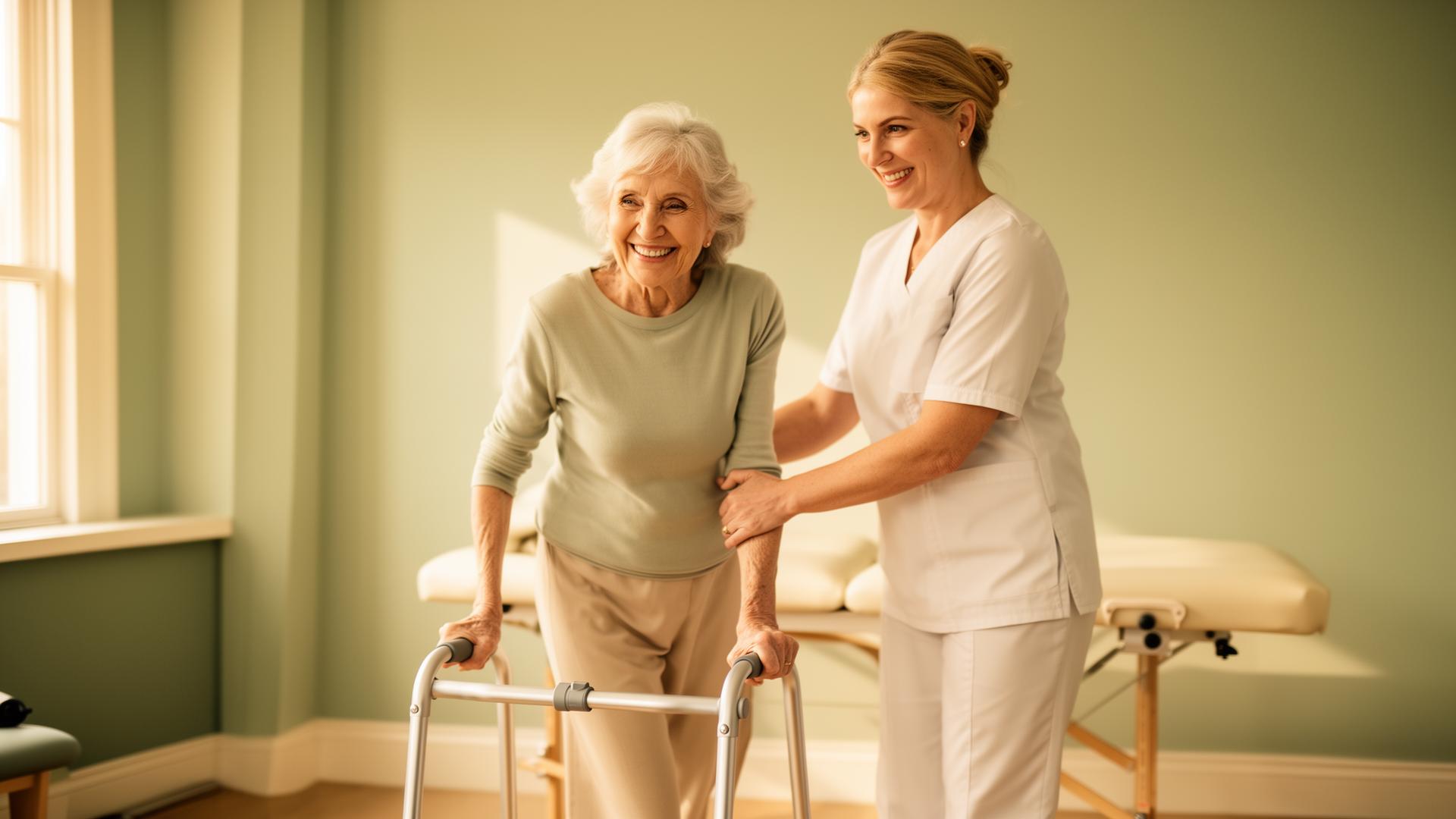 Physiotherapist helping an older adult with balance exercises